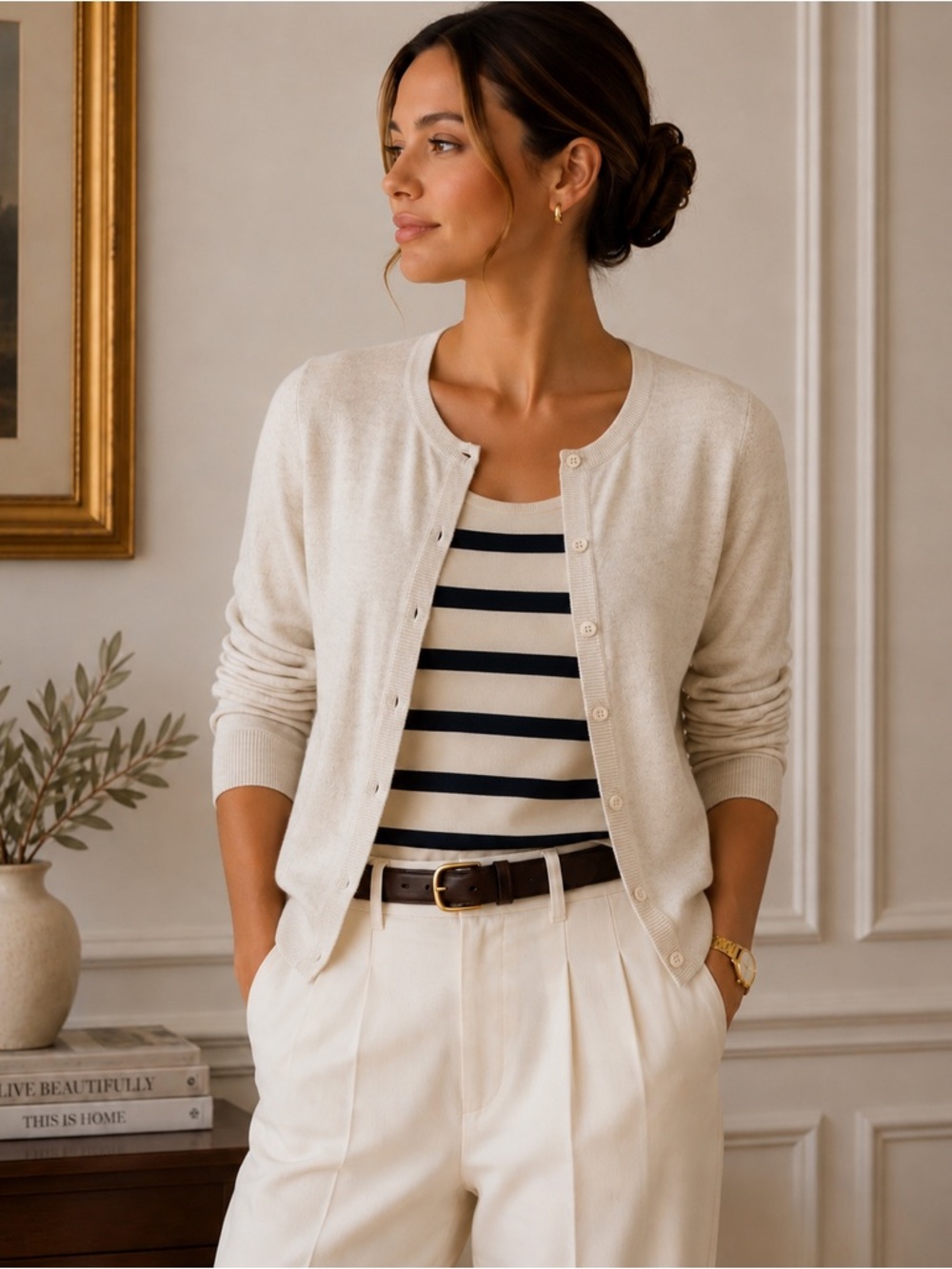 GAP Cream Button-Front Cardigan with Navy-Striped Shell